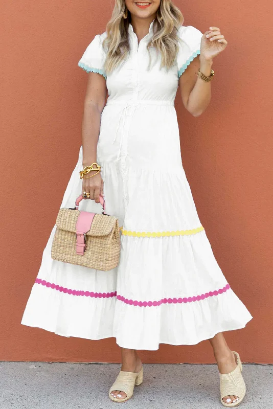 White Rickrack Multicolor Trim Drawstring Long Dress