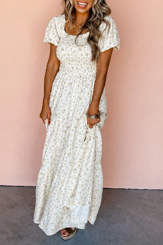 White Shirred Beige Floral Maxi Dress