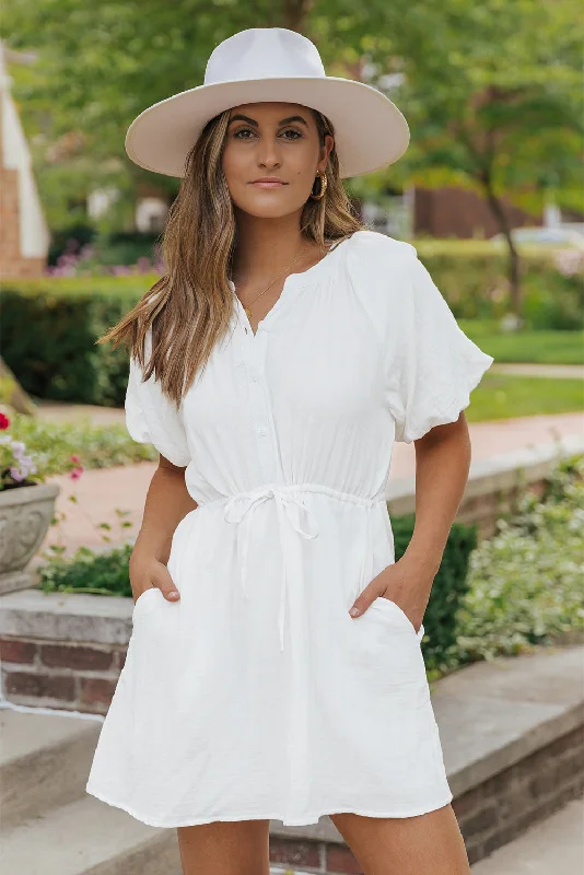 White Drawstring Shirt Dress