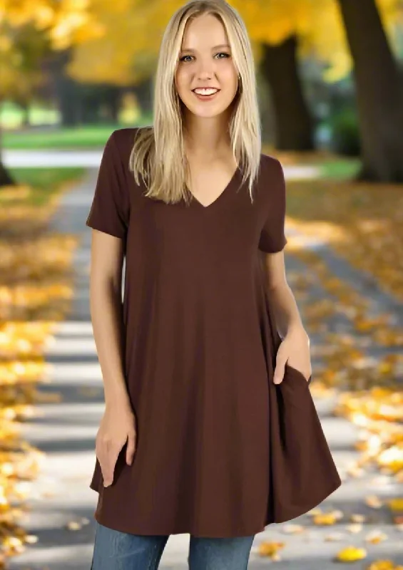 Womens Thanksgiving Brown Pocket Dress, V-Neck Short Sleeve Shift Dress, Sizes S/M/L, Solid Brown