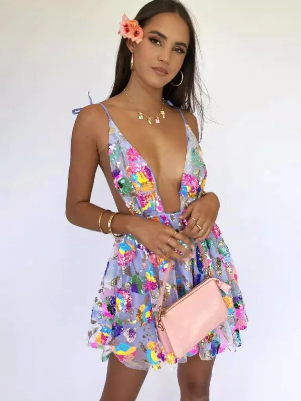 Backless Sequin Floral Strappy Short Dress