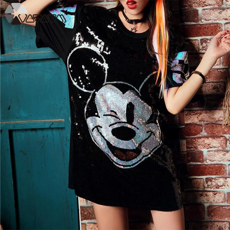 O-Neck Minnie Mickey Mouse Sequin Dress